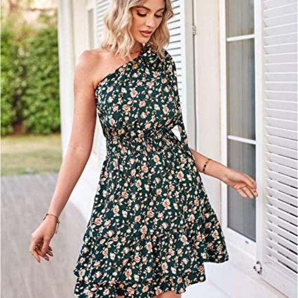 ULTRANICE Womens 2023 Summer Casual Boho One Shoulder Mini Dresses - Picture 5 of 6